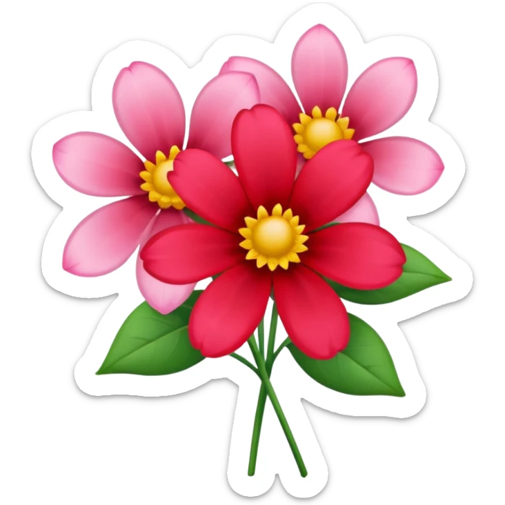 One red flower and one pink flower in transparent bouquet with red band  sticker