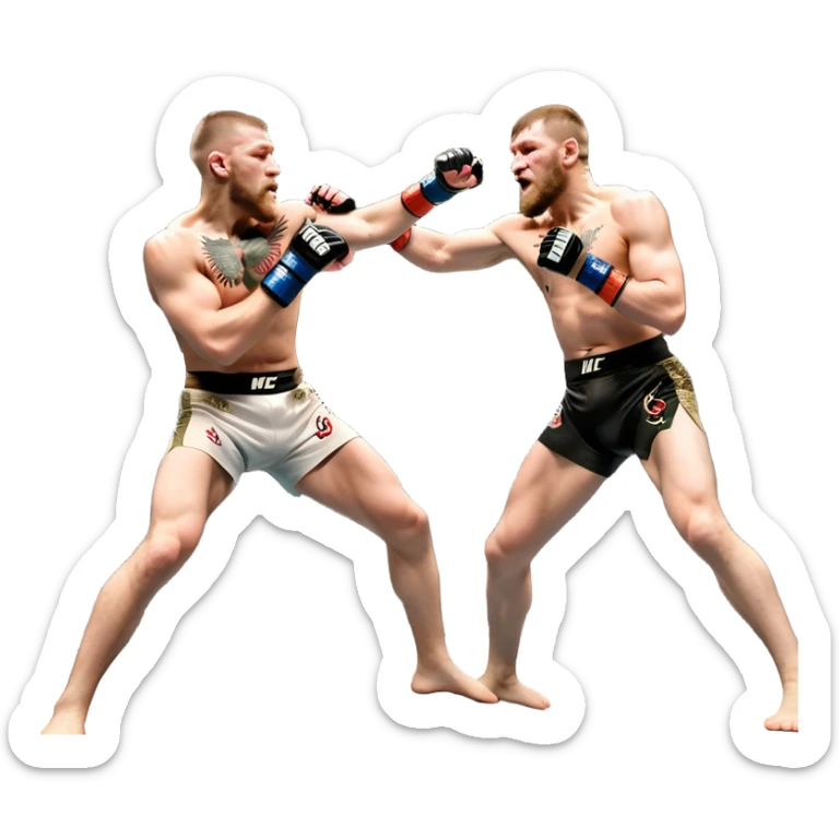 Iconic MMA match between Conor McGregor and Khabib Nurmagomedov in the octagon. McGregor throws a powerful punch while Khabib counters with a takedown attempt. The crowd roars in the background as the fighters showcase their intense rivalry. Transparent background captures the high-stakes fight sticker