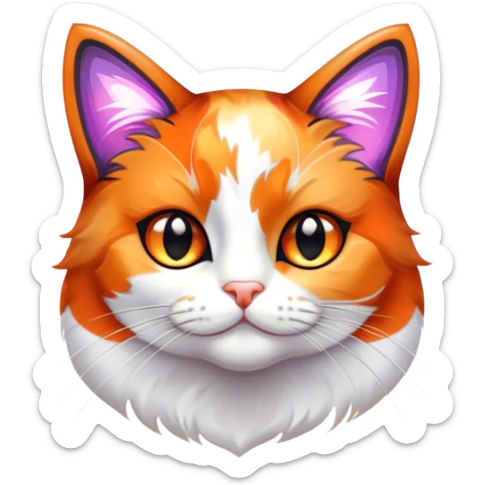 Cinematic Cute Calico Cat Portrait Emoji, Head tilted playfully with sparkling, inquisitive eyes and a charming patchwork fur of orange, black, and white, simplified yet irresistibly adorable, highly detailed, glowing with a warm, inviting glow, high shine, bubbly and affectionate, styled with a touch of whimsical feline charm, soft glowing outline, capturing the essence of a delightfully cute calico cat that looks as if it could prance off the screen into your heart! sticker