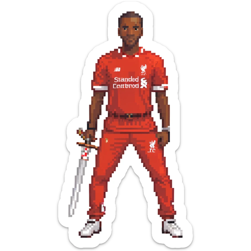 A black man holding a sword, wearing a Liverpool FC shirt and trousers sticker
