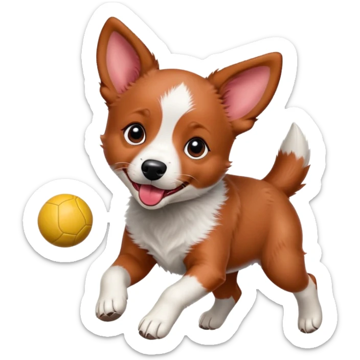 Playful red heeler puppy with tongue out, running with a ball sticker