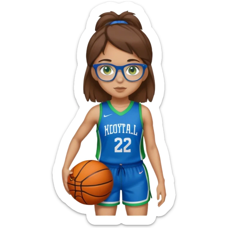 Full Body white plus size Girl with basketball spikey short brown HAIR wearing blue glasses with green eyes wearing blue and green basketball uniform PLAIN sticker