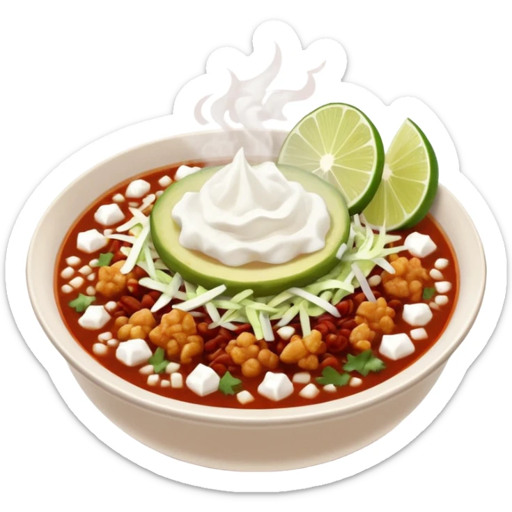 A delicious hot bowl of pozole rojo emoji. Steam rising. Hominy visible. Place the sides next to the bowl: chopped onions, shredded cabbage, lime wedges, red chile de arbol salsa, and full round tostadas with a light smear of sour cream sticker