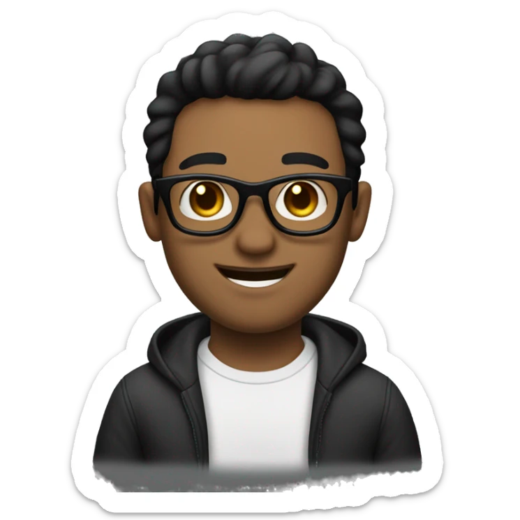 Man who is 30 years old and smilling. He is straight black hair and black eyes and wear black glasses. He has a White skin and a bearb and a moustaph sticker