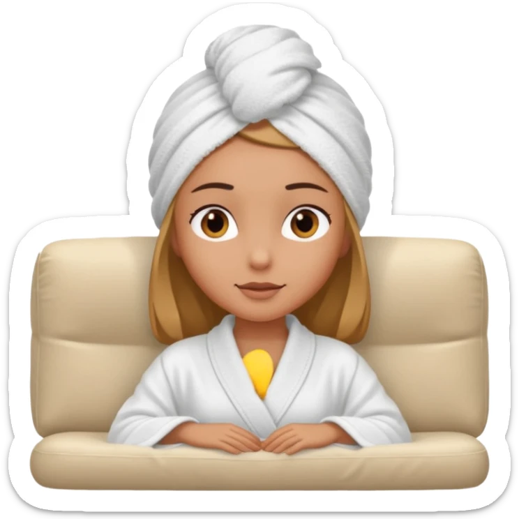 spa A contented and relaxed girl with a towel on her head in a white robe lies on a couch. The icon displays the couch and the girl in full three-quarter view. sticker