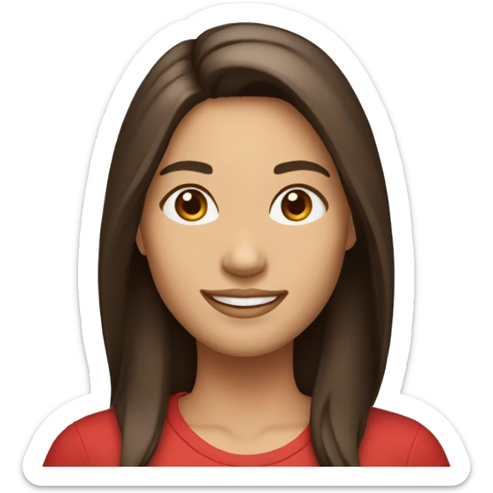 smiling woman with light to medium skin, straight dark brown hair with middle part red shirt  sticker