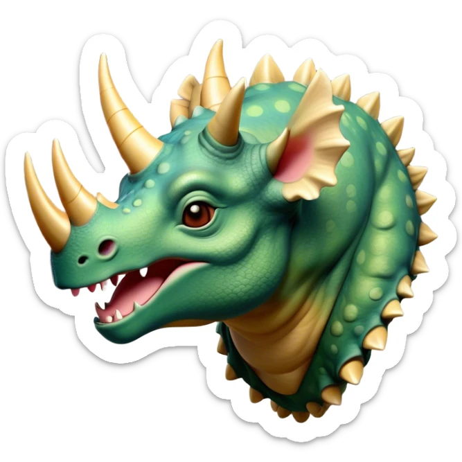 Beautiful and Majestic Triceratops Portrait Emoji, Head and body rendered in serene repose with a gentle, content smile, showcasing a robust, horned form with an intricately frilled head and eyes softly closed in tranquil repose, Simplified yet exquisitely endearing features, highly detailed, glowing with a soft, drowsy prehistoric light, high shine, relaxed and utterly majestic, stylized with an air of ancient splendor, soft glowing outline, capturing the essence of a beautiful and majestic Triceratops that embodies the timeless strength of the ancient world! sticker