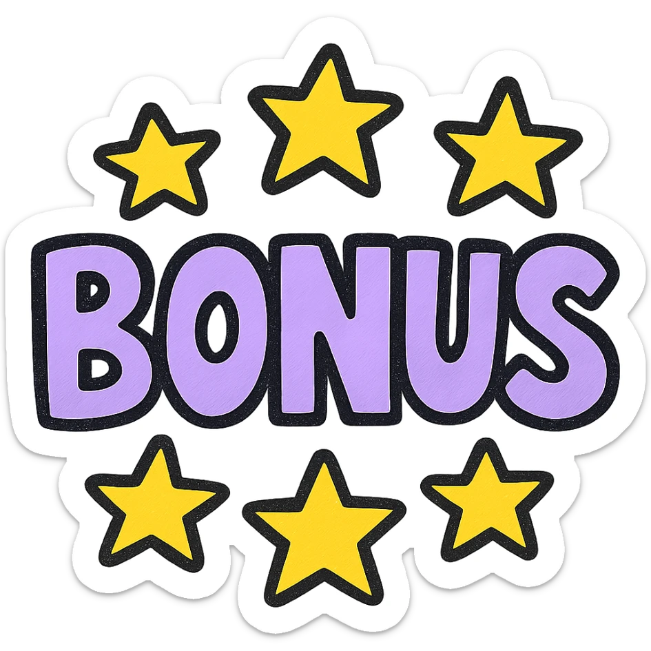 the word BONUS in large letters, all the same vibrant color, surrounded by stars, no background or sign behind, just the letters and stars, vibrant cartoon style QUIERO EXACTAMENTE IGUAL SOLO QUE LAS LETRAS DEBEN SER VIOLETA PASTEL Y LAS ESTRELLAS AMARILLAS sticker