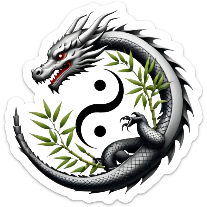 An icon symbolizing Eastern martial arts in the style of an emblem, with a black-and-white Yin-Yang symbol at the center. A dragon is placed on either side, representing strength and wisdom. The design includes bamboo and traditional elements. Transparent background sticker