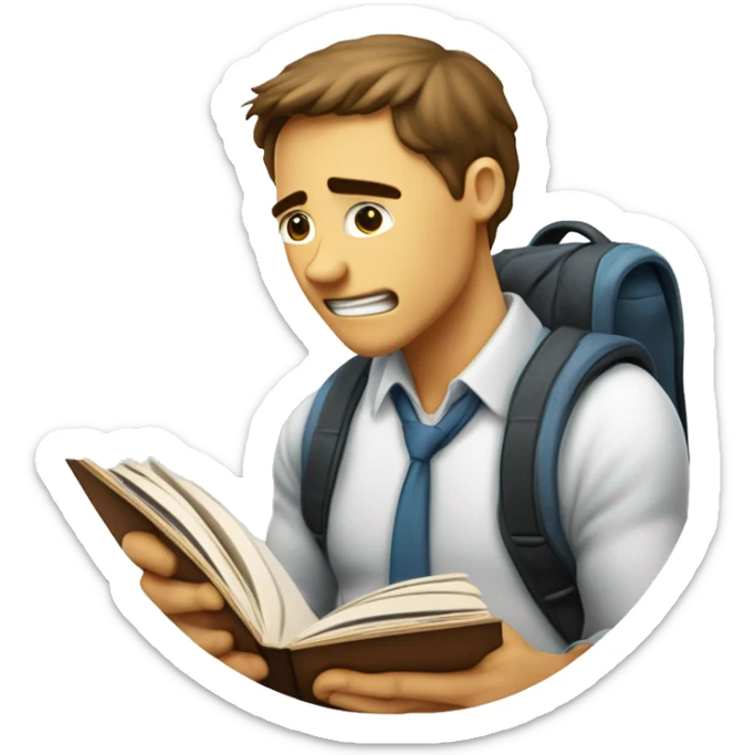 imagen estilizada de un estudiante triste y saltand sacando fotocopias con un libro en sus manos sticker