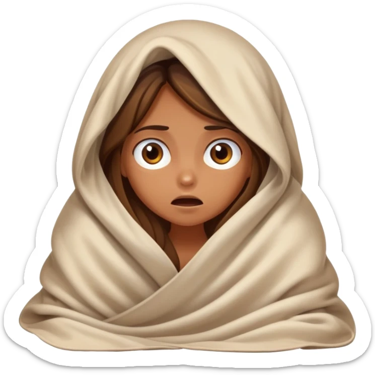 a tanned girl with brown long hair hid under the blanket in bed in fear sticker