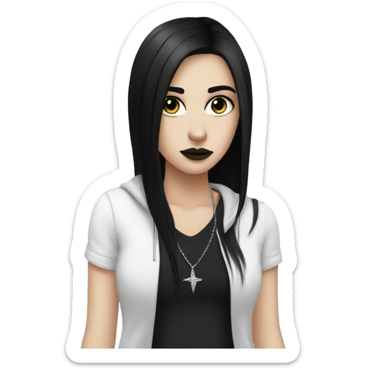 White Girl with black long hair black eyes and piercings on lower lip emo clothes sticker