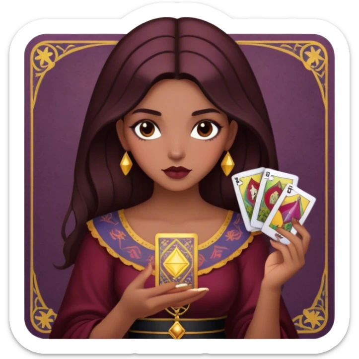 a brunette girl with a square hairstyle, reading tarot cards Burgundy sticker