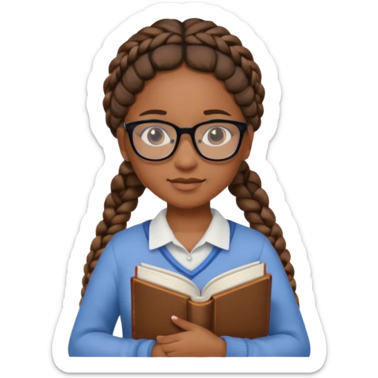 A student, girl, brown skin, braid hair, wearing glasses, hold book in front of their chest sticker
