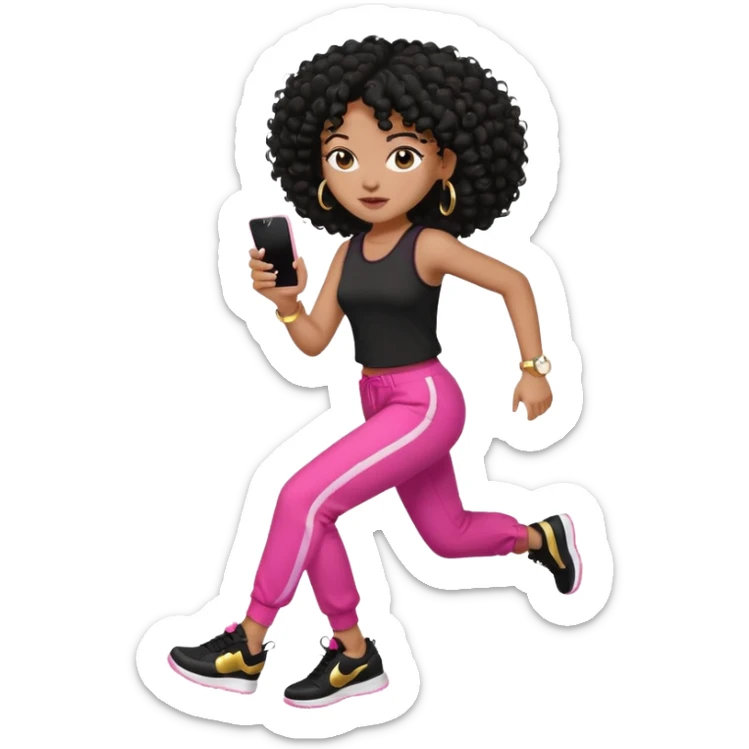 Black woman, adult, 4C black curly hair, dark brown eyes, wearing black top, pink pants, black sneakers, gold hoop earrings, iPhone emoji style na corrida  sticker