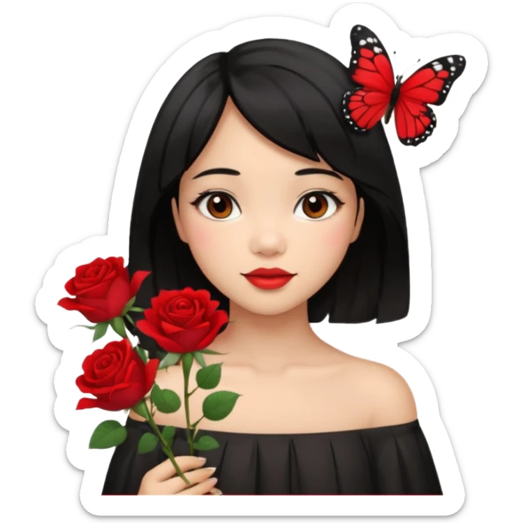 Red girly stuff filipino black hair with straight wavy hair medium length butterfly haircut sticker