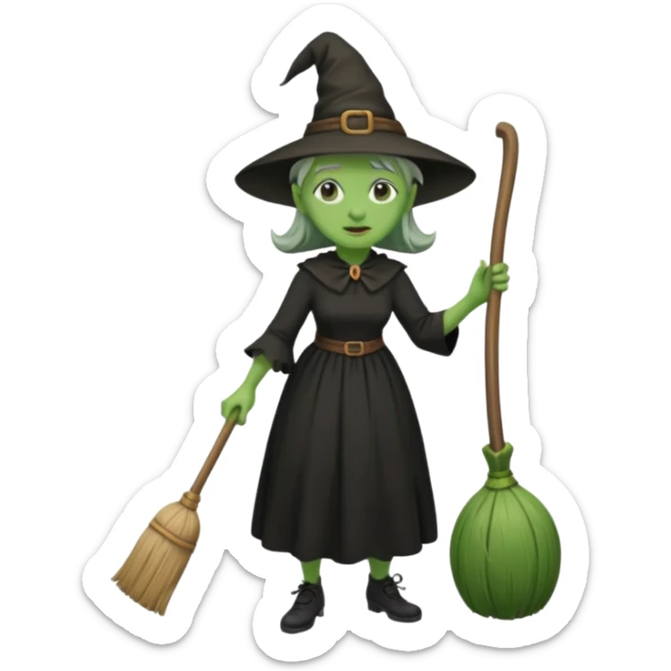 Old witch with green skin and a big nose waering a black dress and riding a broom sticker