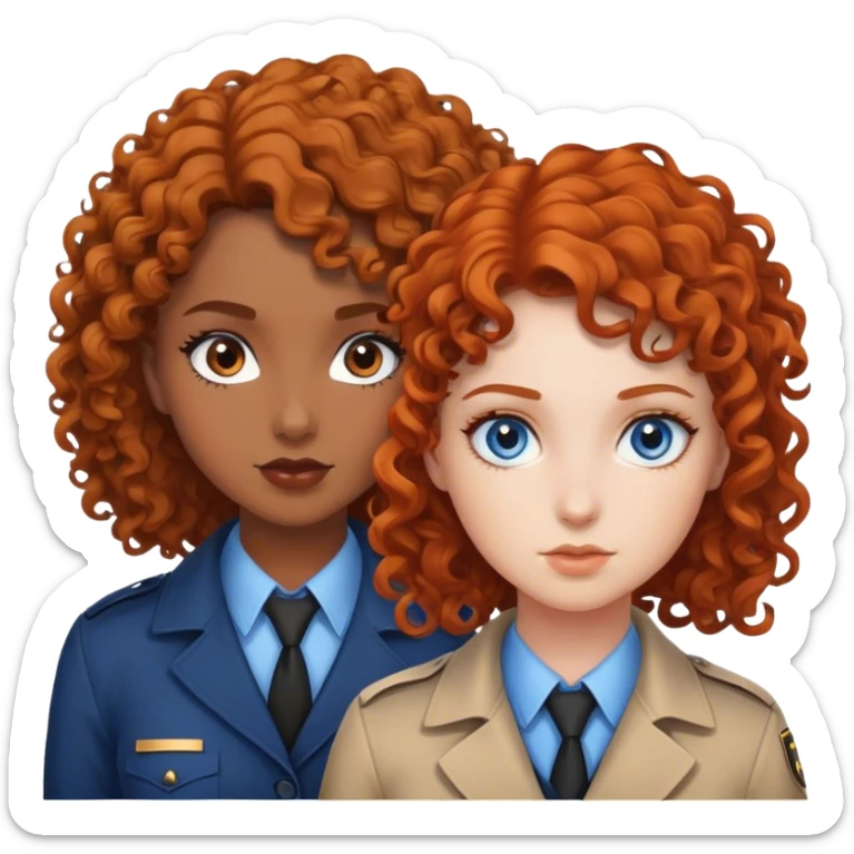two girl detectives with curly hair, one with white skin brown hair and blue eyes, one brown skin orange hair and brown eyes sticker