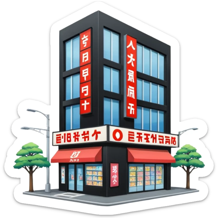 japanese anime store in modern style like in Akihabara with "anime" in japanese on a building sticker