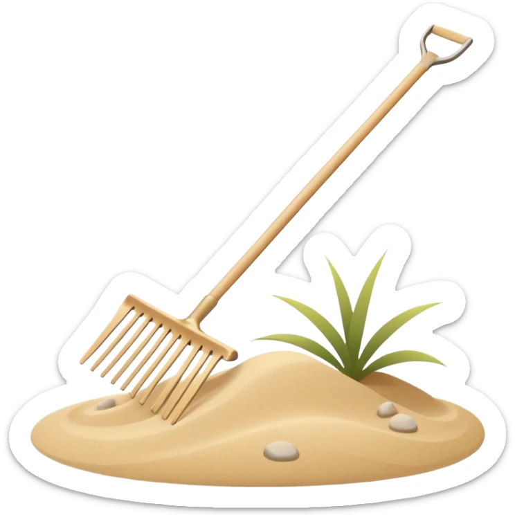 Minimalist emoji of a Japanese zen garden rake with four teeth, elegant thin lines, light wood tone, sand-beige palette, flat vector style, calm and balanced aesthetic, zen-inspired, transparent background, premium minimal design sticker
