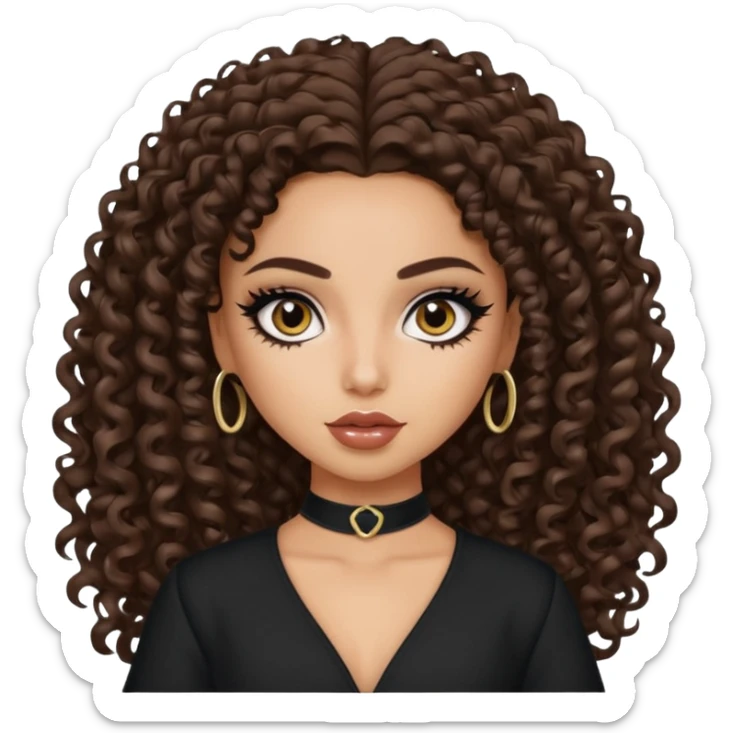 Fair Saudi beauty, pretty bratz baddie, black eyeliner, curly long hair sticker