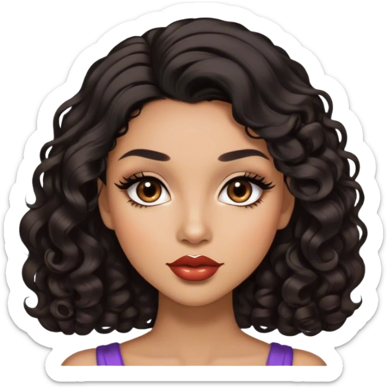 Glamourous, light brown skin tone, very beautiful woman, with big plump lips, long long lashes, black curly smooth short hair, straight parting hair, brown eyes sticker