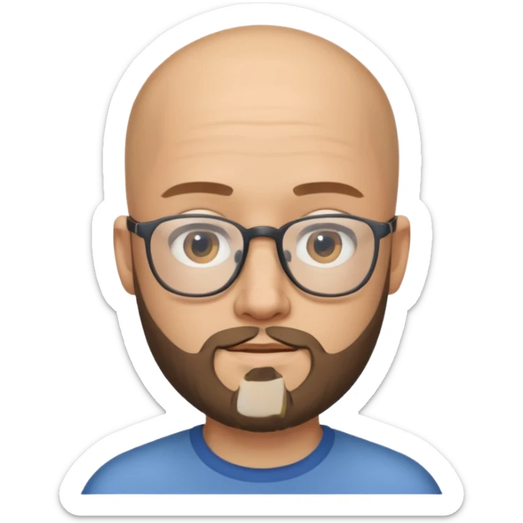 Quiero un emoji de un hombre pelado, con lentes y barba, pero que se vea joven sticker