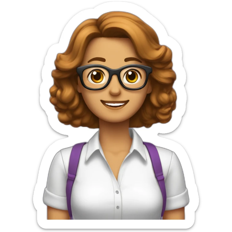 mujer-piel blanca-con gafas-sonriendo-camisa morada-pelo corto hasta el hombro-cabello marron,con un computador,muy detallada sticker