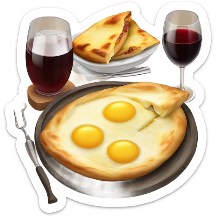Khachapuri in Ajarian style, 2 identical  glasses of wine and 2 skewers with meat   sticker