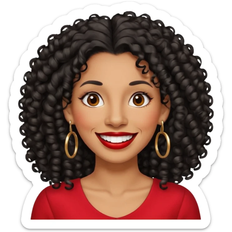 40 yr old peruvian woman, very curly long black hair, red lipstick, big smile, white teeth, brown eyes, hoop earings, side part to hair, round face sticker