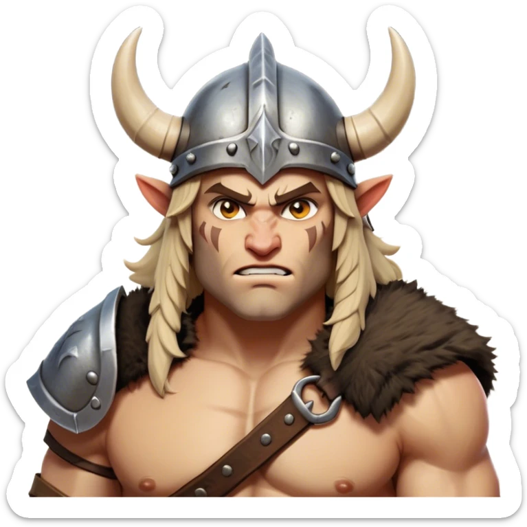 Clash of Clans aesthetic: Cinematic Fierce Barbarian Portrait Emoji, Poised and bold with a rugged yet cartoonish build in tattered furs and a horned helmet, expressive bright eyes and a confident smirk, Simplified yet dynamic features, highly detailed, glowing with a vivid, adventurous aura, high shine, heroic and spirited, stylized with an air of medieval warrior charm, focused and energetic, soft glowing outline, capturing the essence of a fearless barbarian adventurer ready to lead his clan with spirited valor! sticker