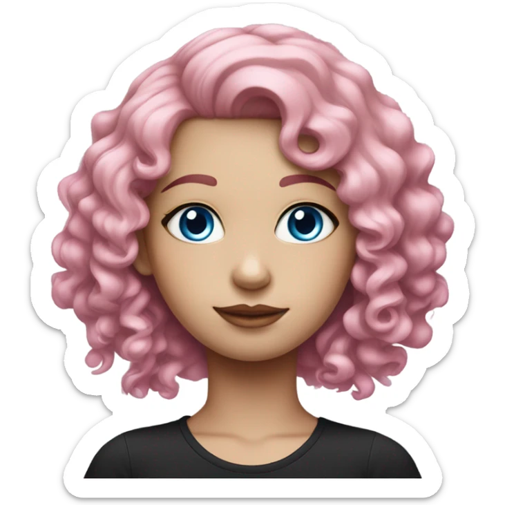Curly pink haired pale girl with blue eyes and pink eyebrows wearing black sticker