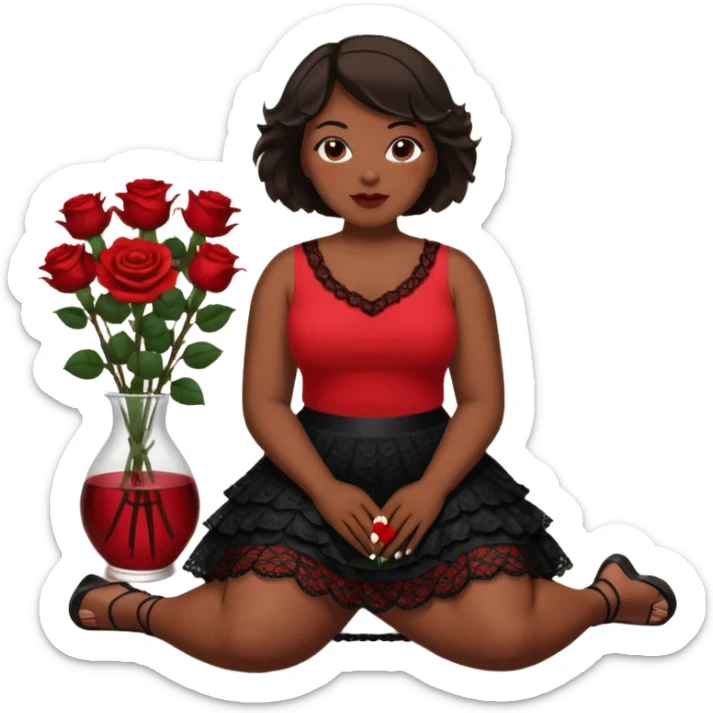 A plus-size black woman with short, straight, dark brown hair is wearing a red sleeveless shirt and a black lace ruffled skirt. She is holding a rose and sitting on the floor with her legs crossed. On the floor is a glass vase with red roses. sticker