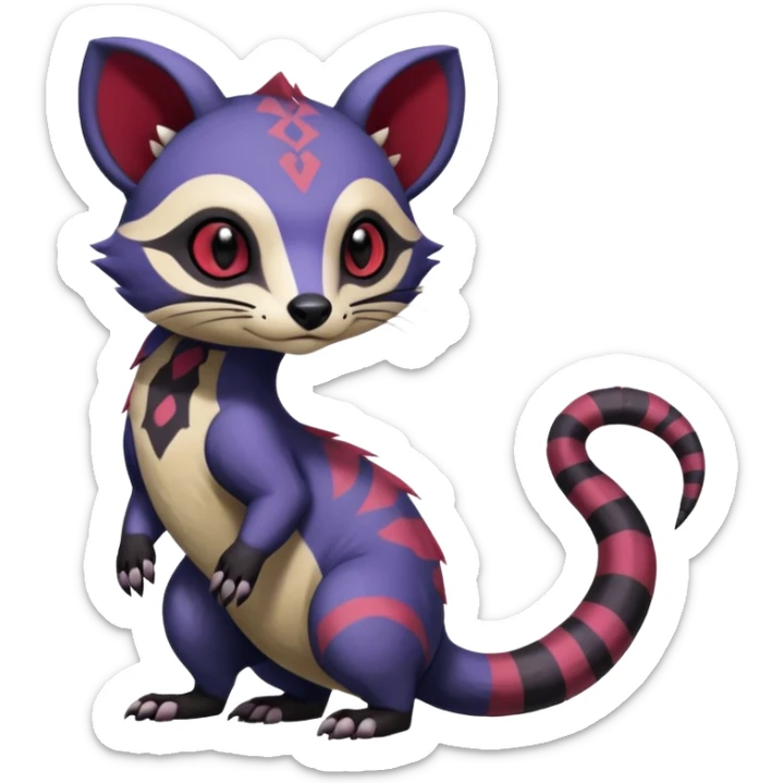 Rare warm-colored exotic gloomy tropical edgy cute epic aesthetic spooky indigo violet white black red gothic colorful Salandit-Furret-Civet-species-Fakemon-hybrid-creature, with tribal tattoo markings, full body sticker