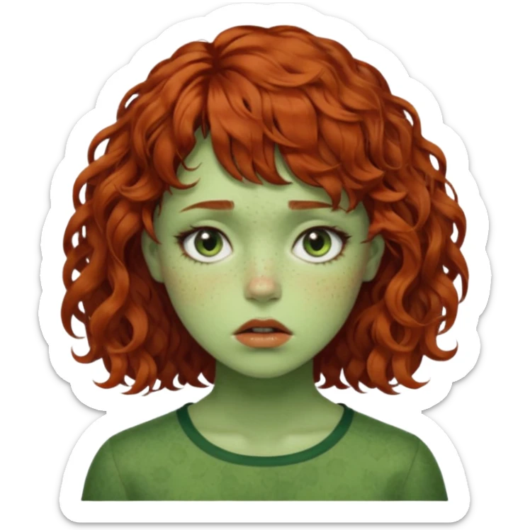 quero que você cria uma mulher, o rosto dela. nela, ela tem cabelo curto e ondulado, tem franja e ela tem semblante triste, deixe ela com pele verde. cabelo cacheado(avermelhado). ( ela tem aparência terroristica) olhos anormais assim como a boca) deixe ela com sardas sticker