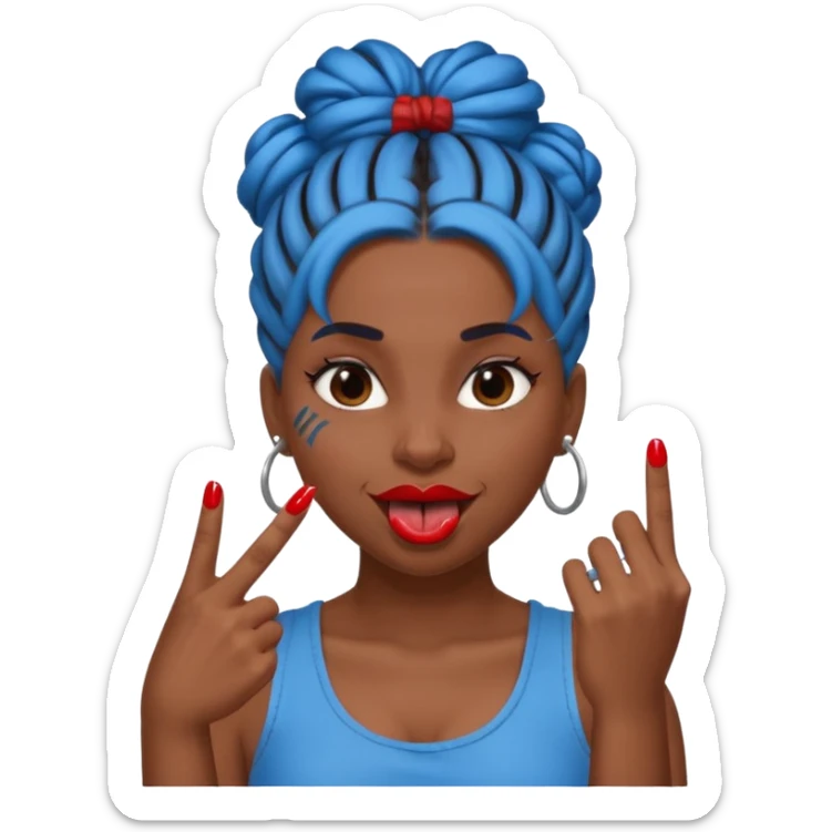 brown girl with blue locs in a bun with tongue out and red nails showing middle finger sticker
