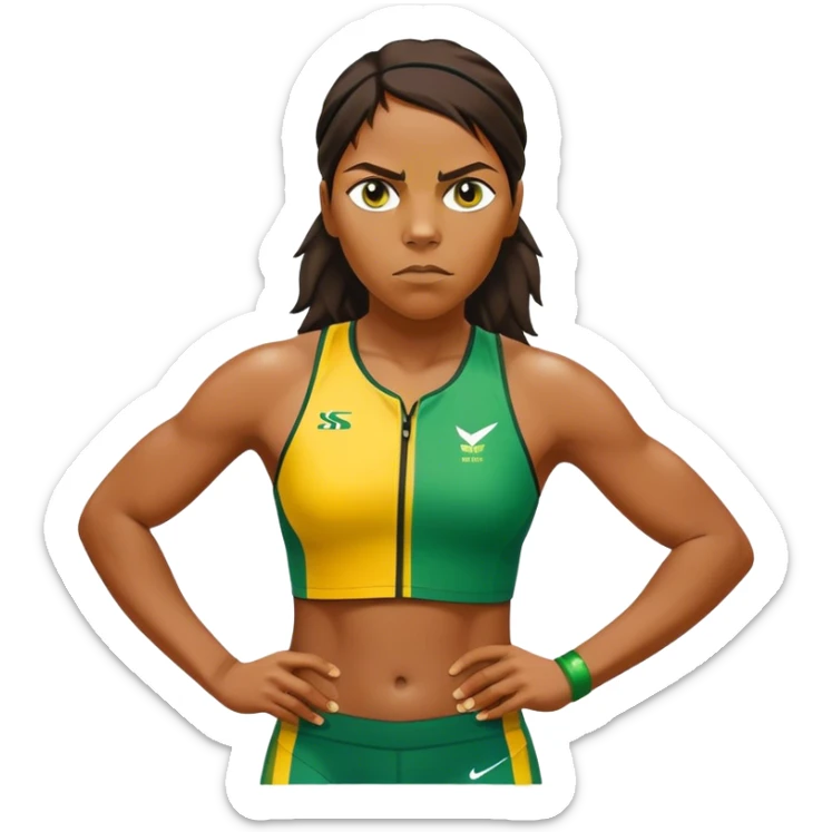 Cinematic Realistic portrait of Cathy Freeman, shown as an iconic Australian sprinter with a focused, determined expression and modern athletic yellow and green attire accented with subtle native motifs, rendered in dynamic, vibrant lighting sticker