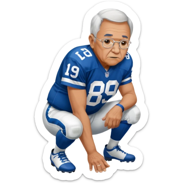 A grandpa playing football wearing an Indianapolis Colts jersey is. Show him kind of crouch down to the ground, holding the football and the name rivers on the back of his jersey. sticker