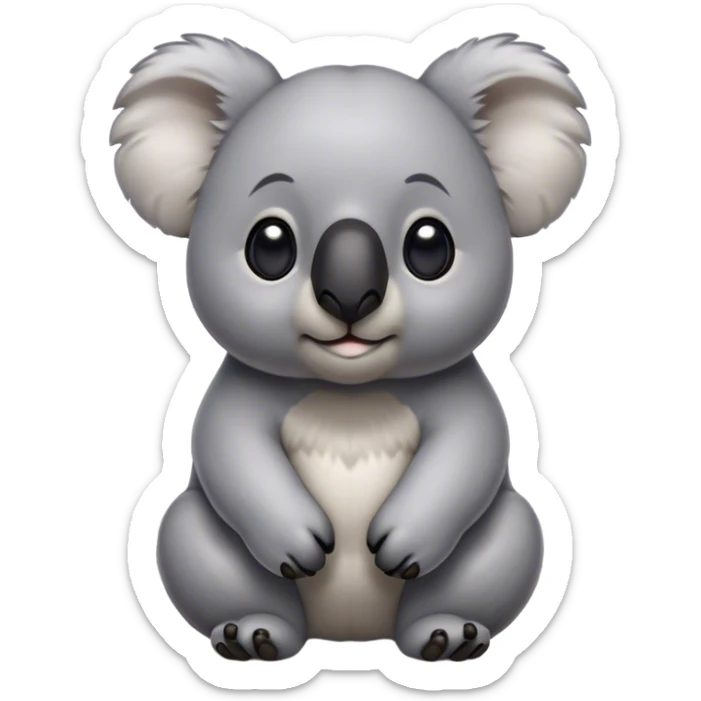 Cinematic Noble Koala Portrait Emoji, Poised and regal, with a stocky, cuddly build and a plush, well-groomed grey fur, large round ears and a distinctive big black nose, deep-set soulful dark eyes, Simplified yet sharp and sophisticated features, highly detailed, glowing with a soft, dignified glow, high shine, intelligent and gentle, stylized with an air of eucalyptus elegance, focused and attentive, soft glowing outline, capturing the essence of a watchful and confident marsupial, so majestic it feels as though it could climb out of the screen with effortless authority! sticker