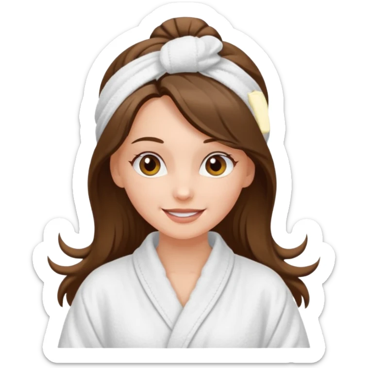 happy white long brunette hair girl with hazel eyes in a bathrobe and her hair tied up in a towel sticker