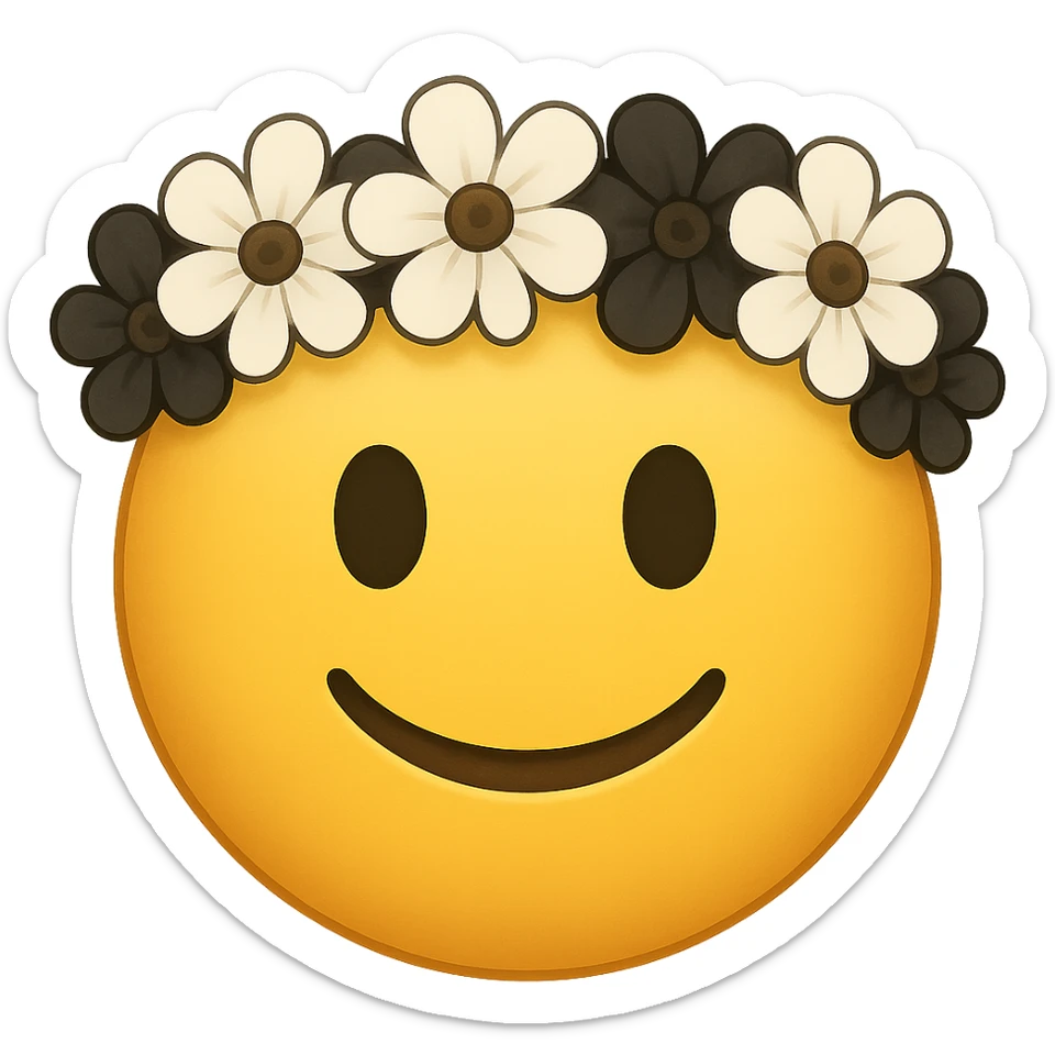 yellow face with white and black flower crown emoji, digital illustration, remove background sticker