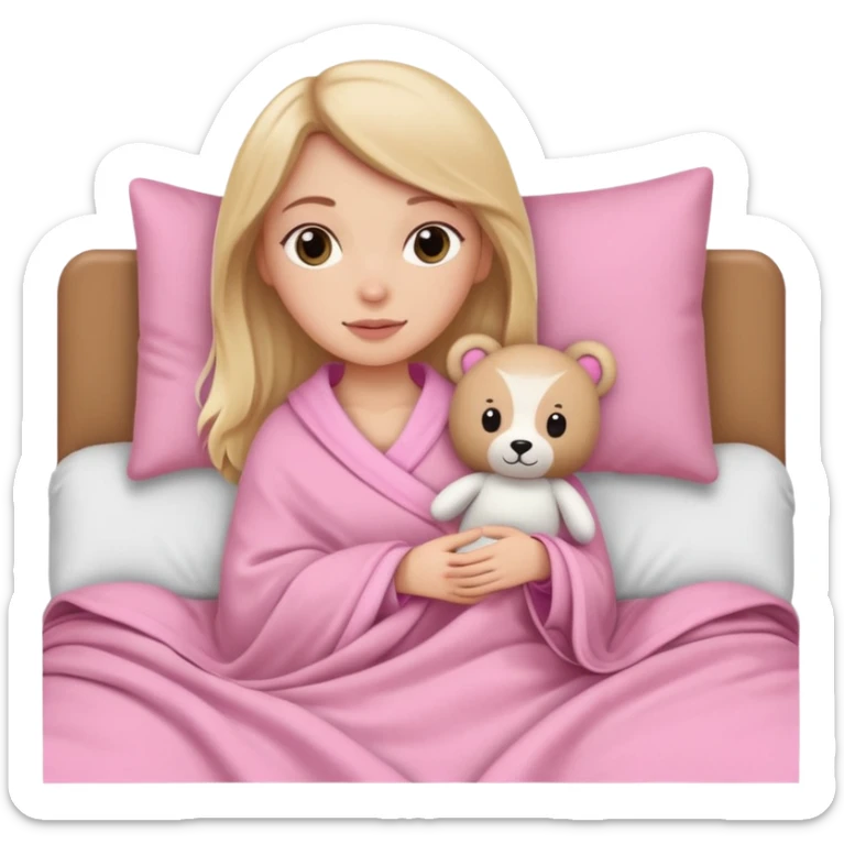 A white girl in the bed and the blanket is pink with plushies sticker
