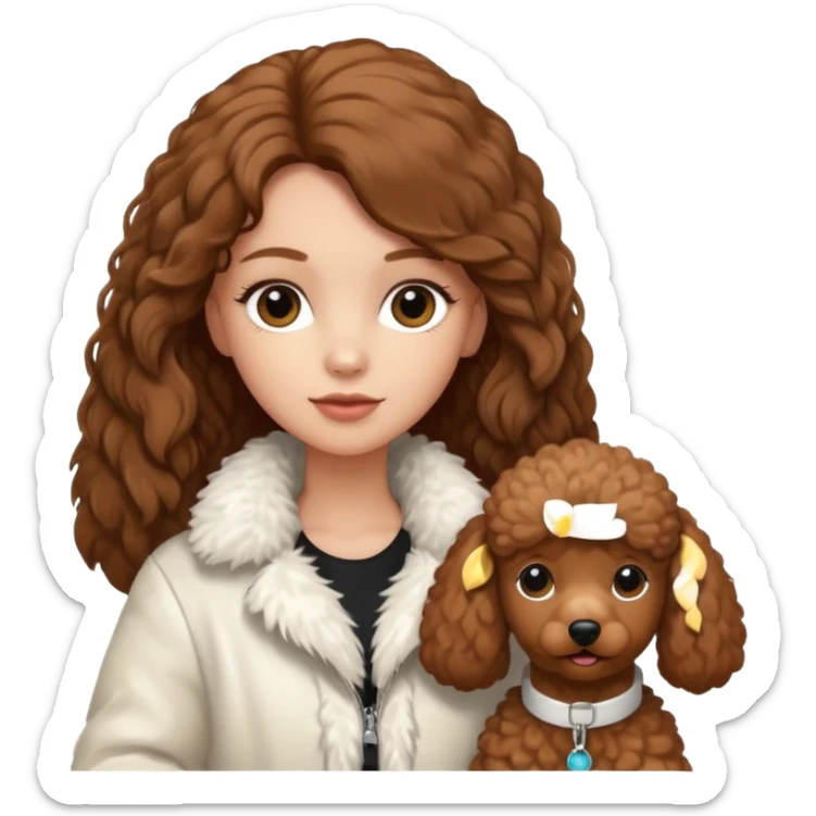 A white girl with a long brown straight hair and wearing a fur white jacket holds a brown poodle sticker