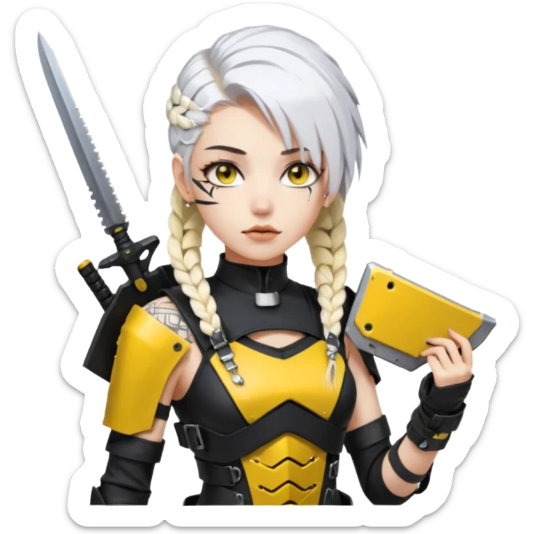  a closeup portrait of young woman with gold yellow eyes, white hair, long braid, black off-shoulder top d-cup, punk gothic style, futuristic cyberwave cyberpunk,  she has a plate carrier armor vest , and a old-style steel bulletproof combat helmet.  holding up a DAYZ combat knife sticker