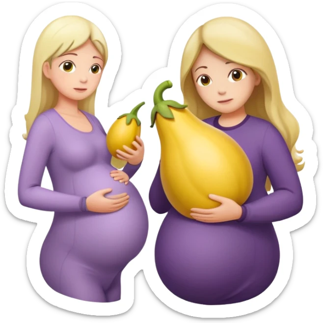 yellow eggplant attached to a pregnant person, with a bowing person turned to the side sticker