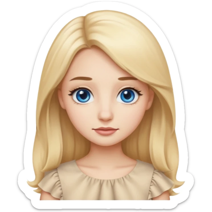 Emoji girl with small close-set blue eyes and eyeliner, long and straight eyebrows, long round nose, wide not full lips, long oval face shape, long blonde hair in cute ruffle beige top sticker