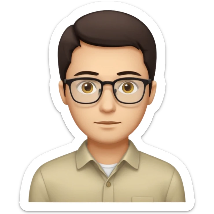 a young man around 30 years old, dark brown eyes, with dark brown hair, longer rectangular face, light yellow skin color, small eyes with rectangle shape glasses, without beard, no forehead wrinkles, wear shirt sticker