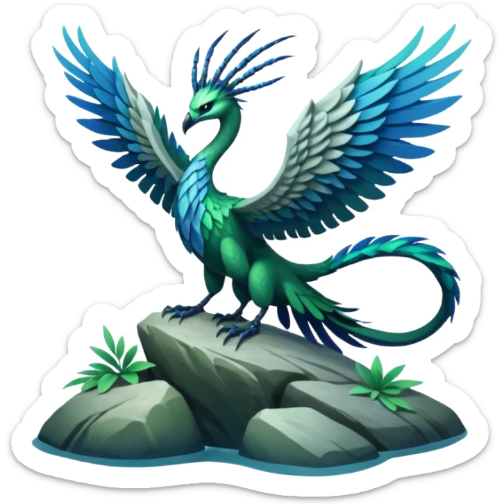 Ikran mountain banshee from Avatar The Way of Water, perched on a rock, wings folded, blue and green colors sticker