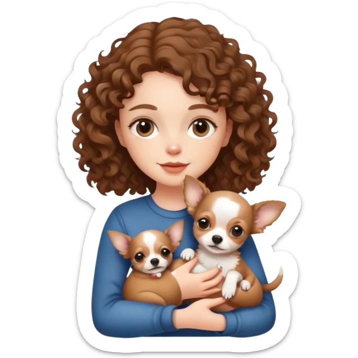 white girl with curly brown hair holding a chihuahua puppy sticker