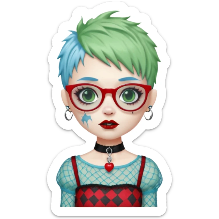 Ghoulia yelps monster high doll in scene/emo style cherry print dress with fishnet sleeves, clothes, thin, small, red, rectangle glasses, pale white-blue skin, pale-green shaggy pixie-cut , zombie scars , boy, punk choker sticker